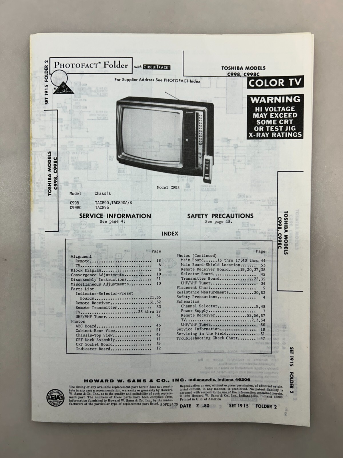 Toshiba C998 Service Manual Sams Photofact Free Shipping