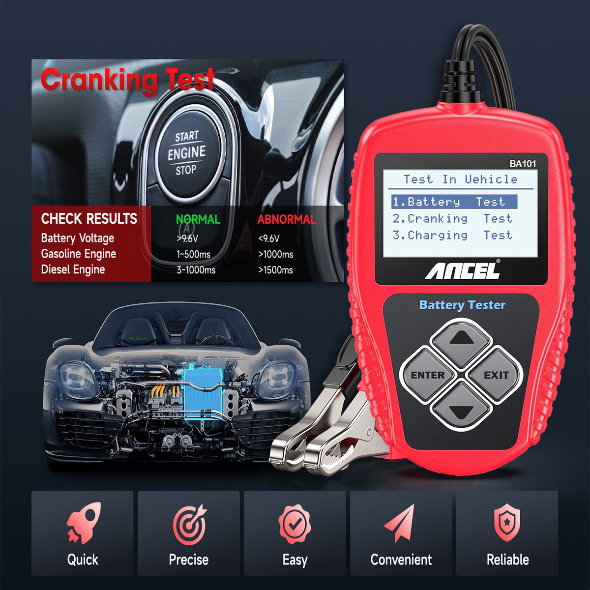 Ancel BA101 12V Auto Car Battery Load Tester Cranking Analyzer Tool 100-2000CCA