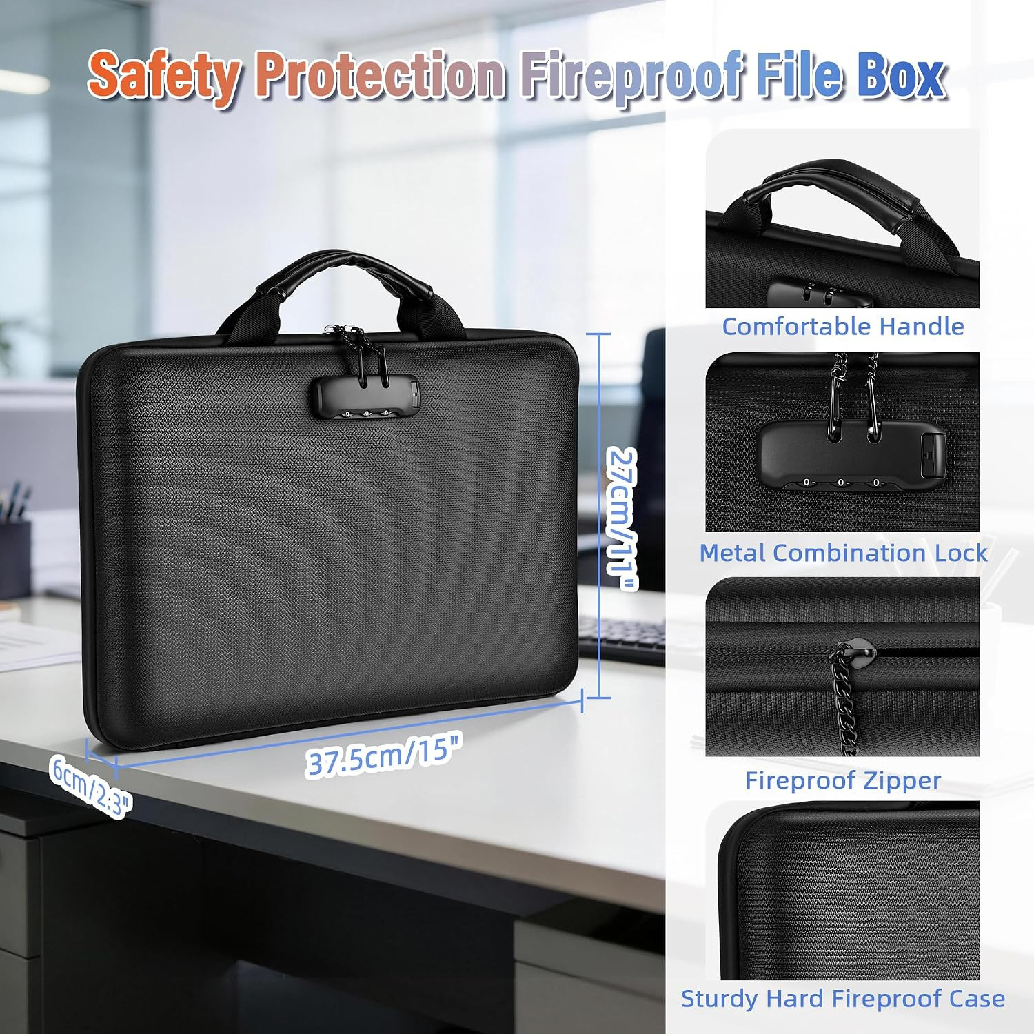 Fireproof Document Safe Box with Lockable Zipper, Hard-Shell, 13 Pockets, Waterp