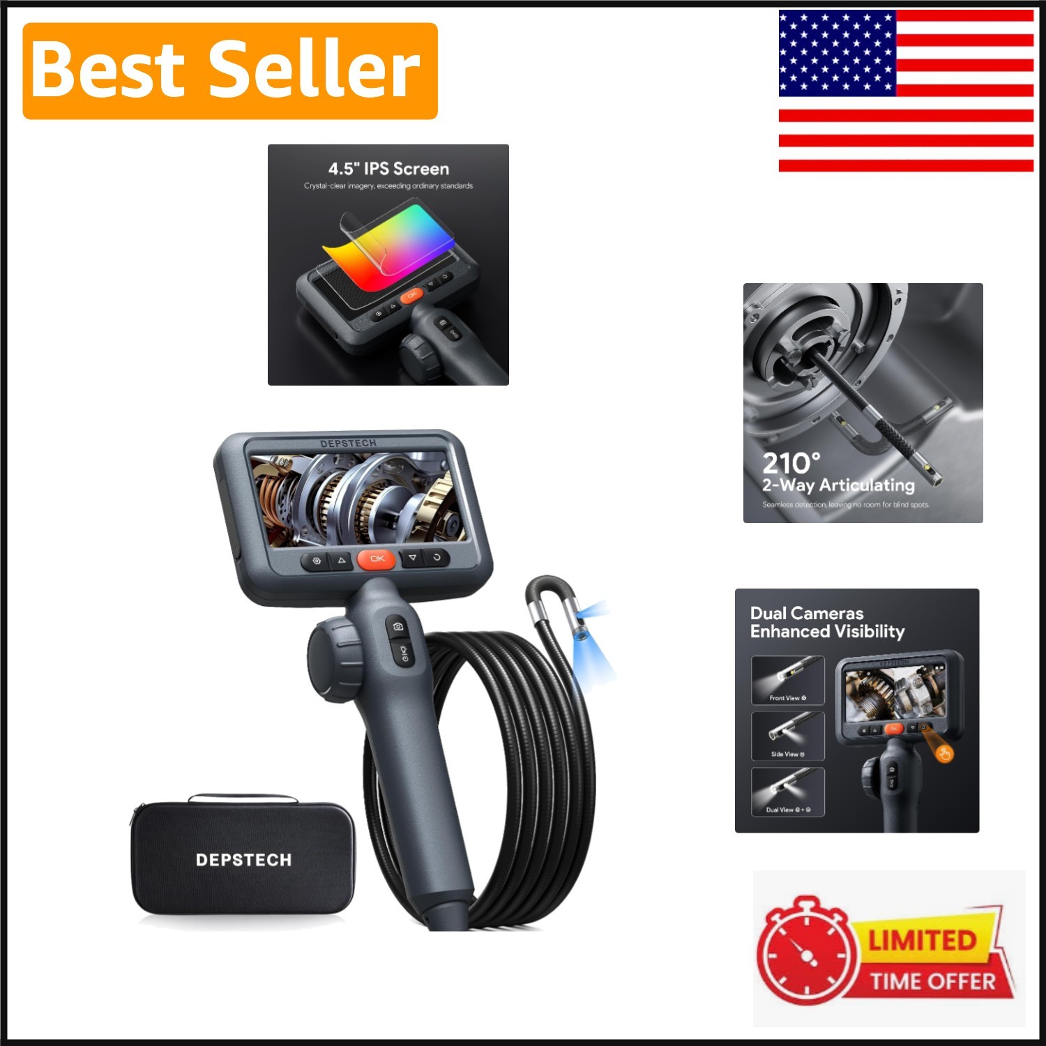 5FT Waterproof Articulating Borescope – 210° Dual Lens 1080P Inspection Camera