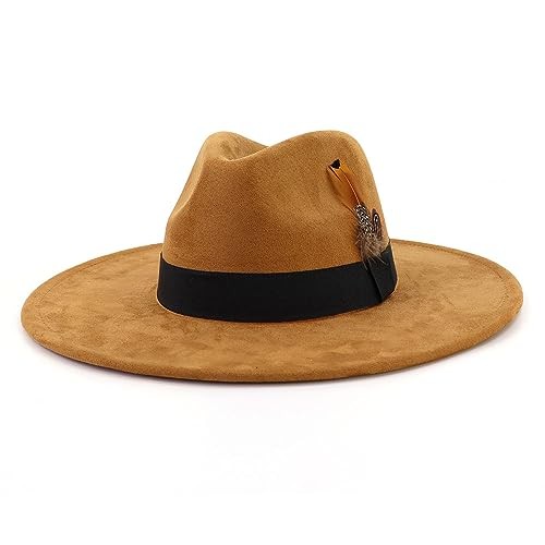 LIDHAY Big Wide Brim Fedora Hats for Women Men Western Suede Hat One Size Khaki