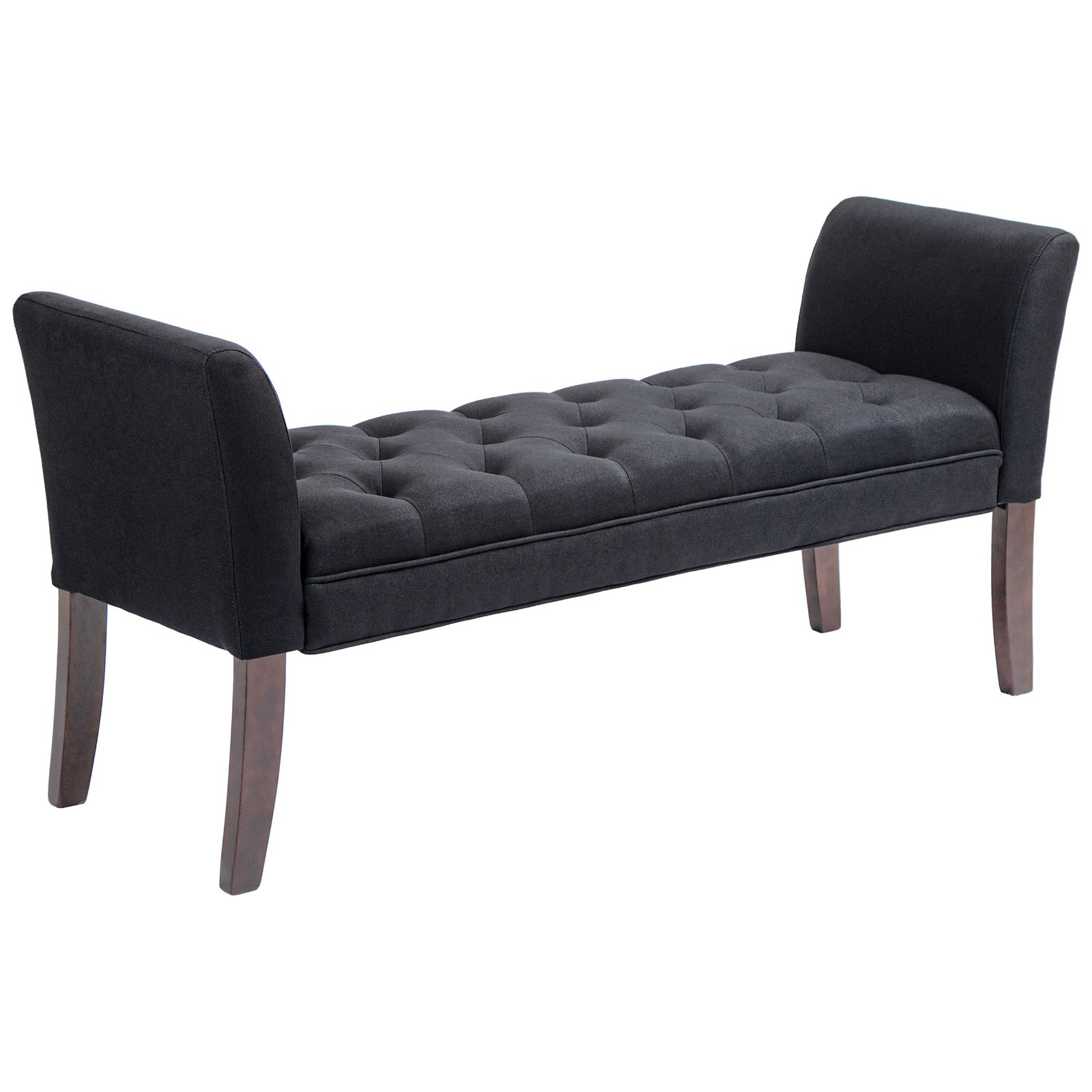 Button Tufted End of Bed Bench with Upholstered Arms and Solid Wood Legs, Black