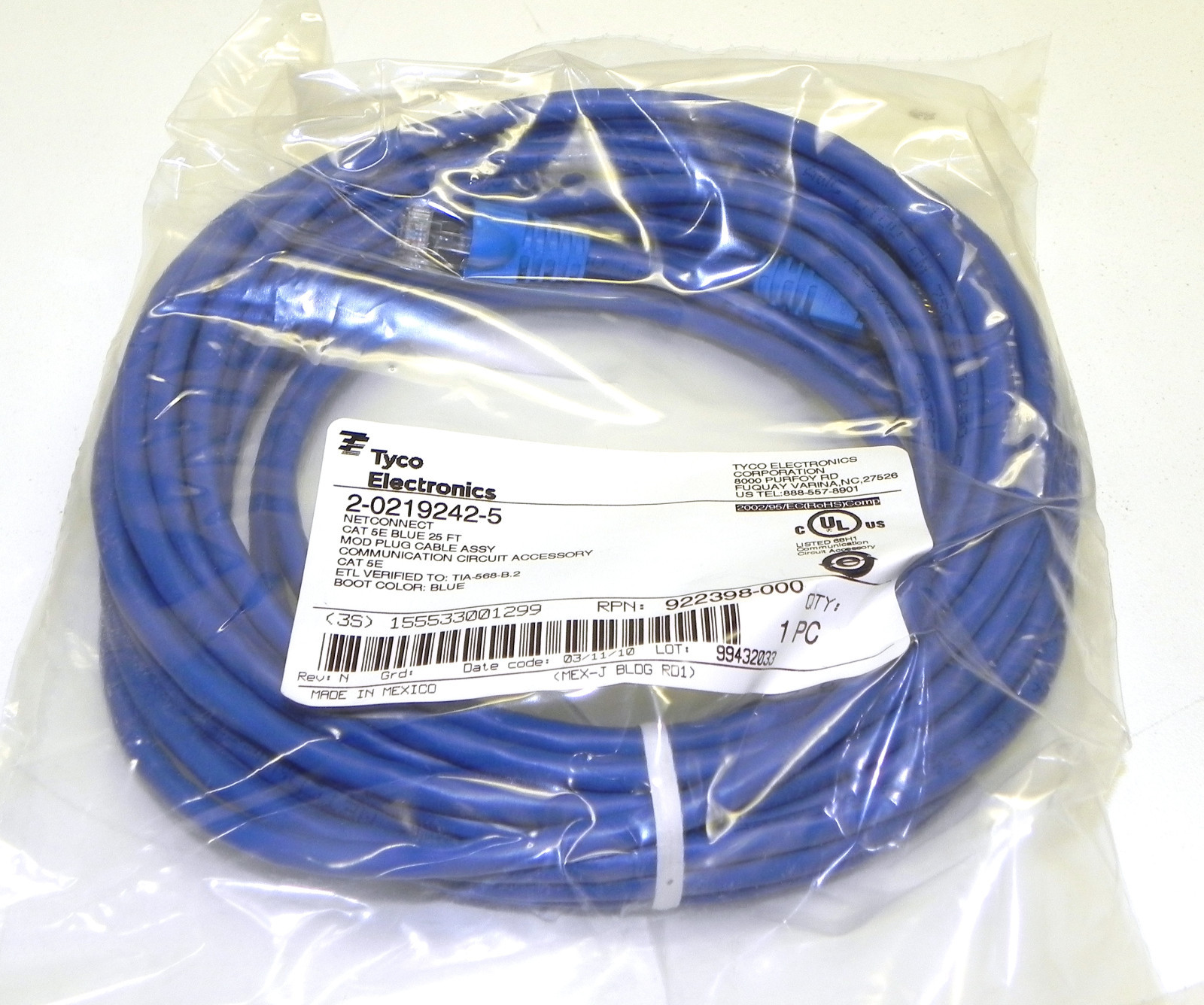 Tyco 2-0219242-5 Netconnect, Blue, cat 5e, 25-ft patch cord