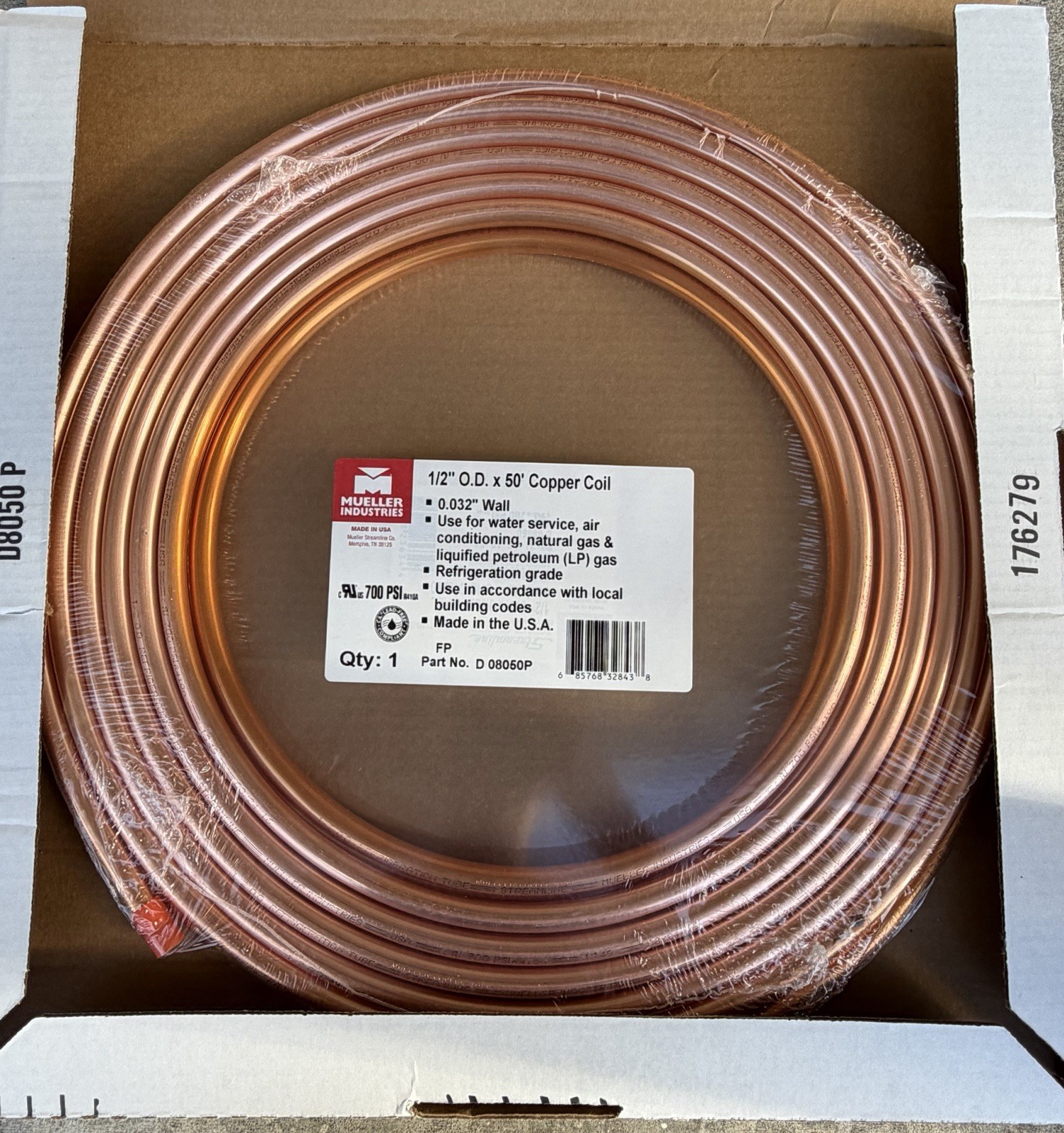 Mueller Industries 1/2" O.D. x 50' Coil  D 08050P Copper Refrigeration Tubing