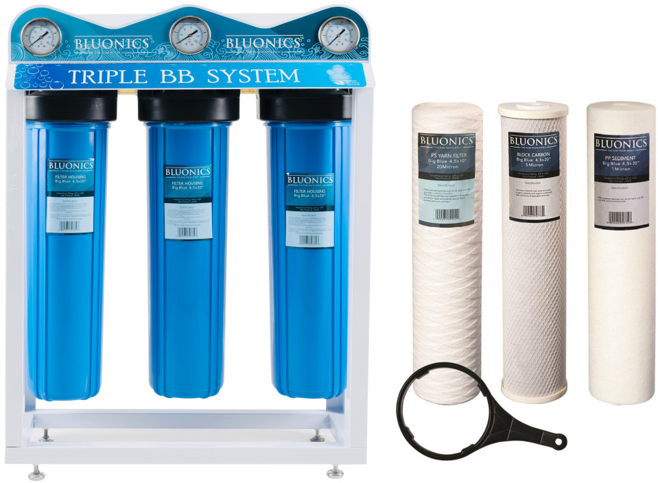 Triple Whole House Water Filter System 4.5"x20" Sediment & Carbon City Well