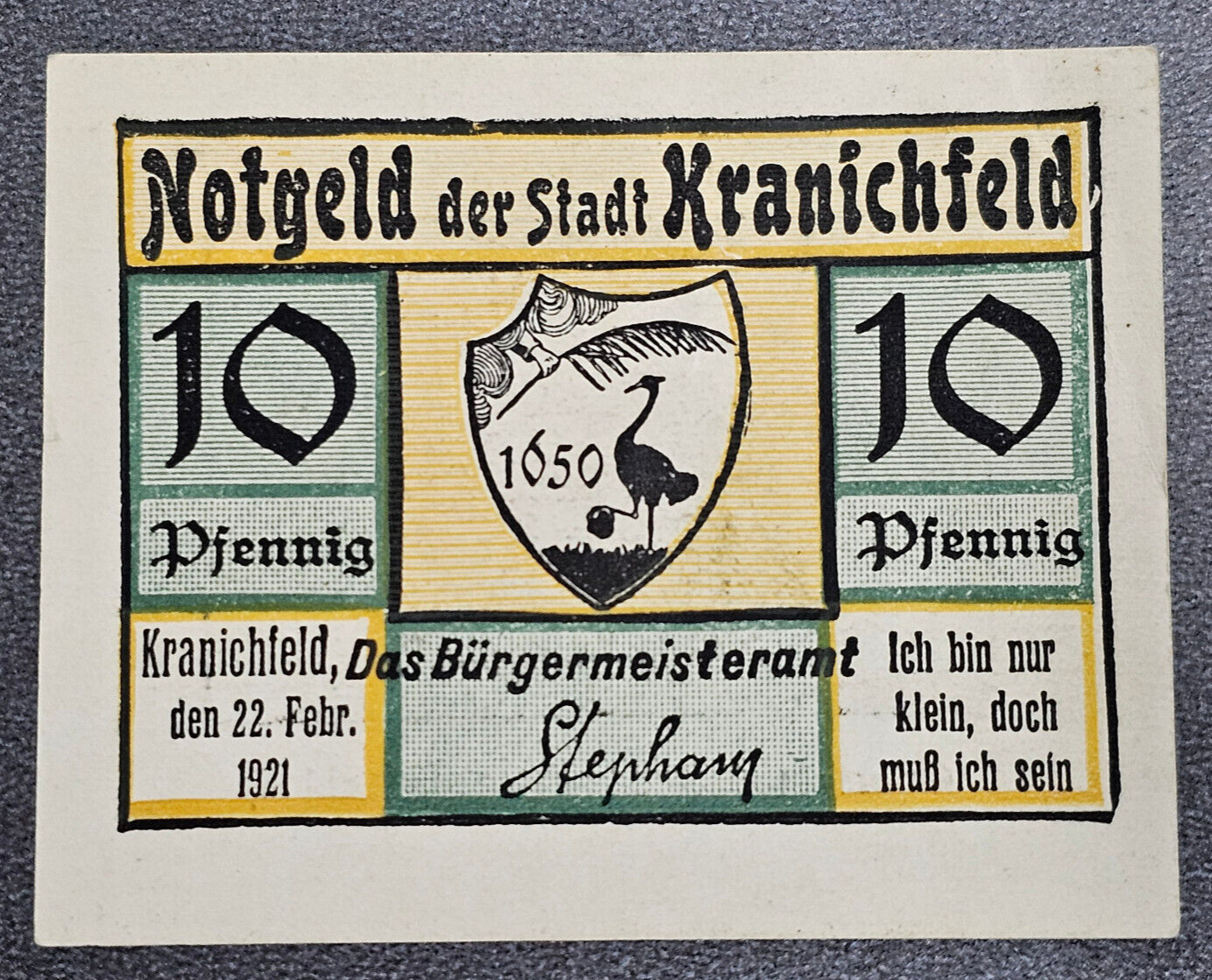 KRANICHFELD NOTGELD 10 PFENNIG 1921 EMERGENCY MONEY GERMANY BANKNOTE [🇩🇪34800]
