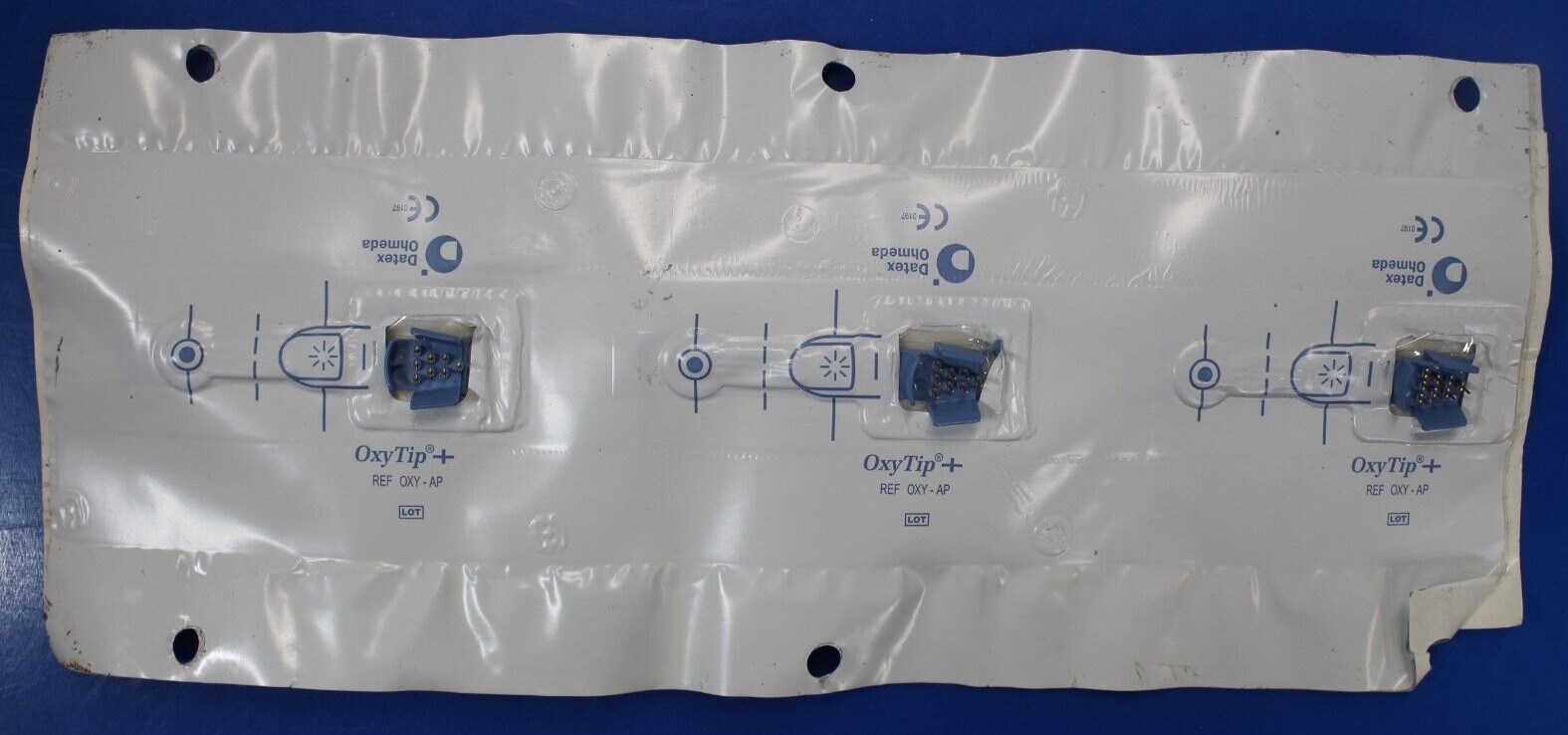 Strip of 3-Datex Ohmeda Adult & Pediatric OxyTip+ OXY-AP Sensors