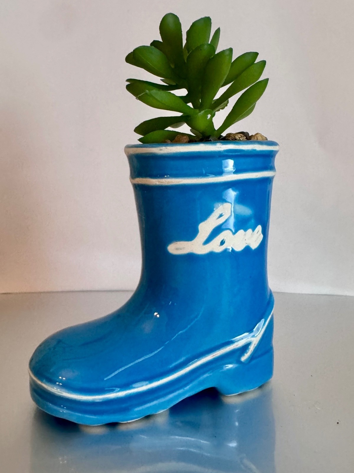 Blue Ceramic Boot Shaped Planter with 'Love' Design and Succulent Plant