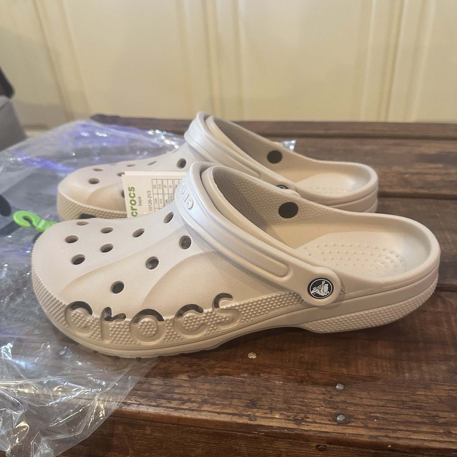 NEW Crocs Baya Clogs Cobblestone Beige Tan Slip On Shoes Logo US Men’s Size 12