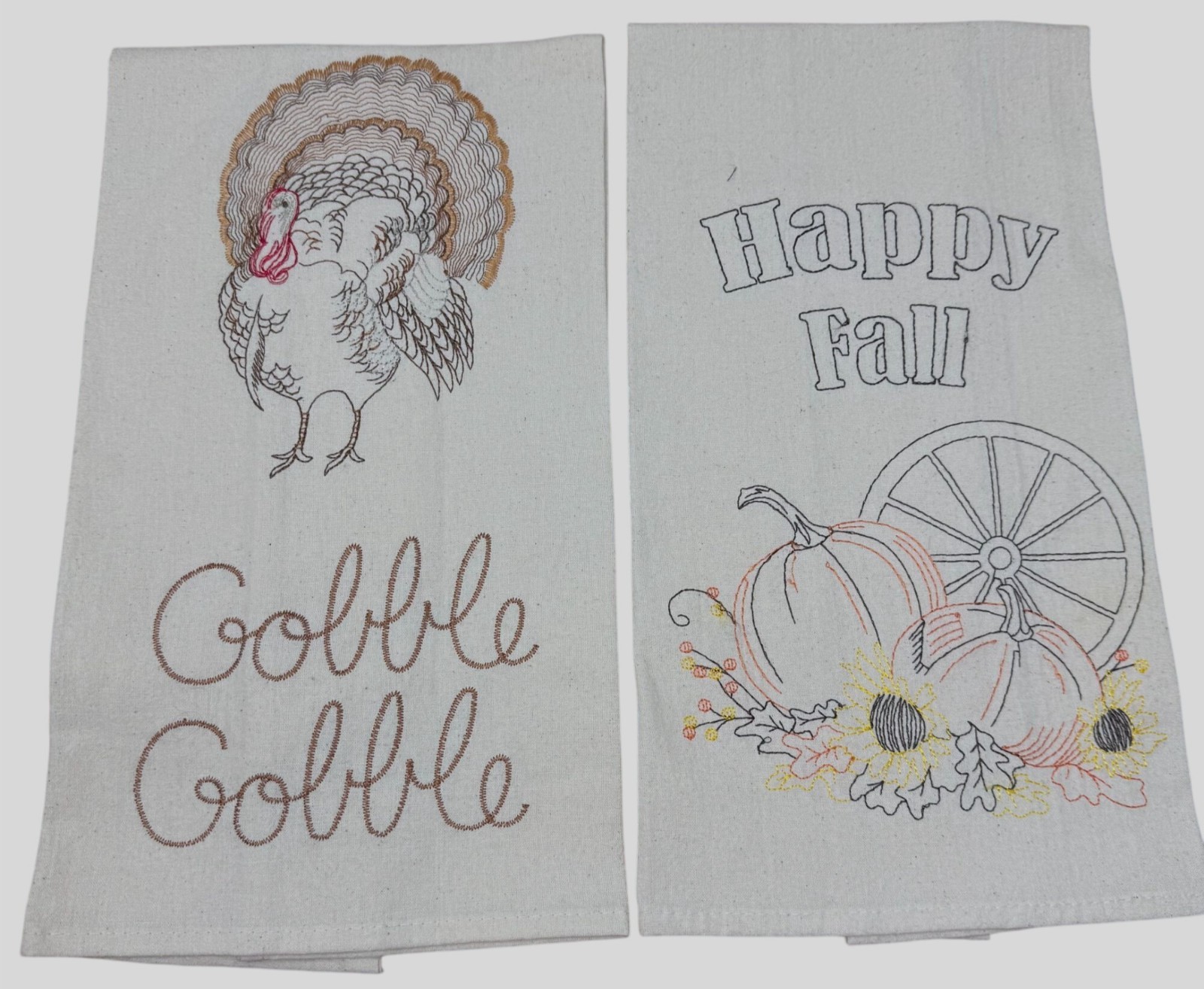 Thanksgiving Fall Embroidered Kitchen Towels Turkey Pumpkin Bon Ton Cotton