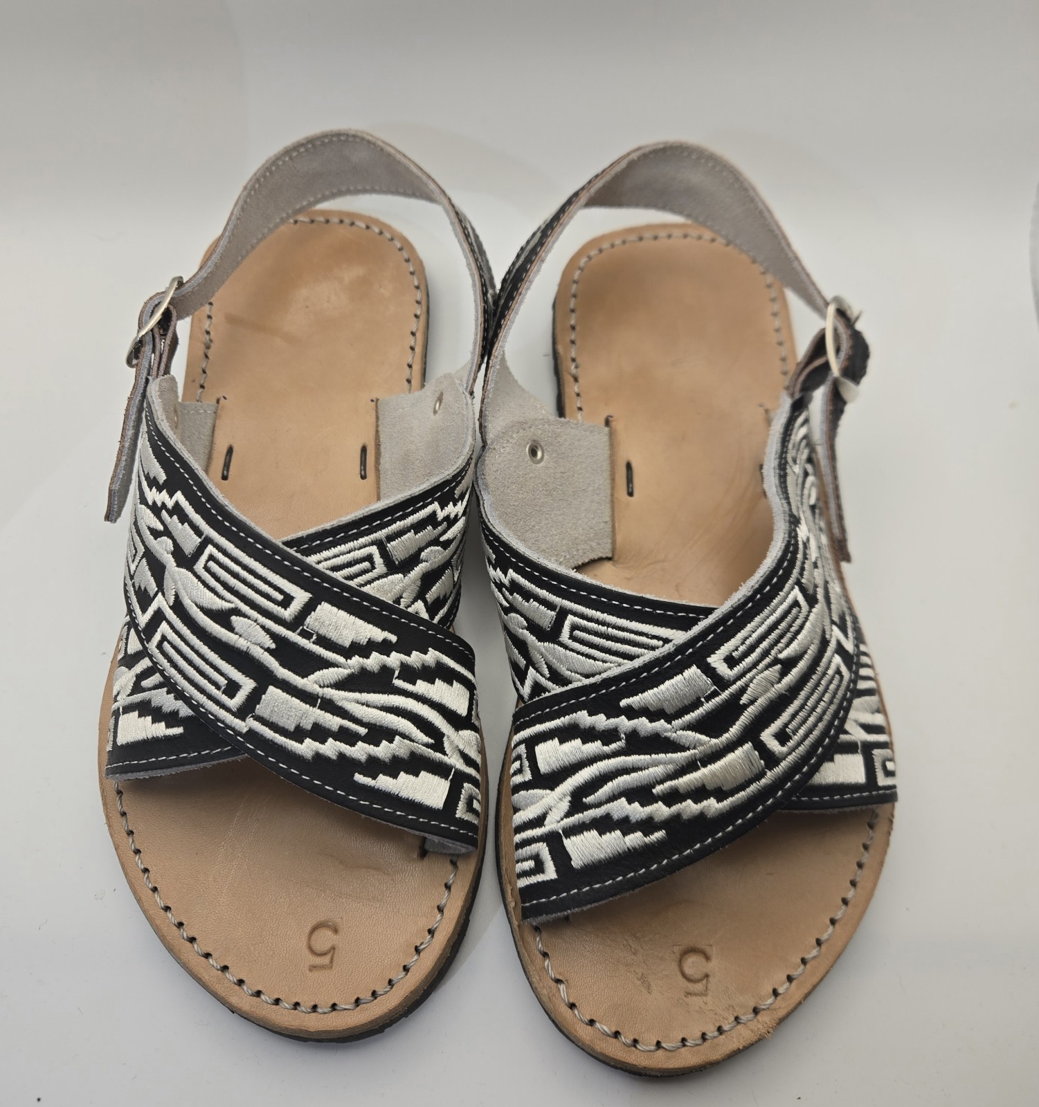Mexican Huarache Pitiado Sandals For Men Sz6.5 Black &White.