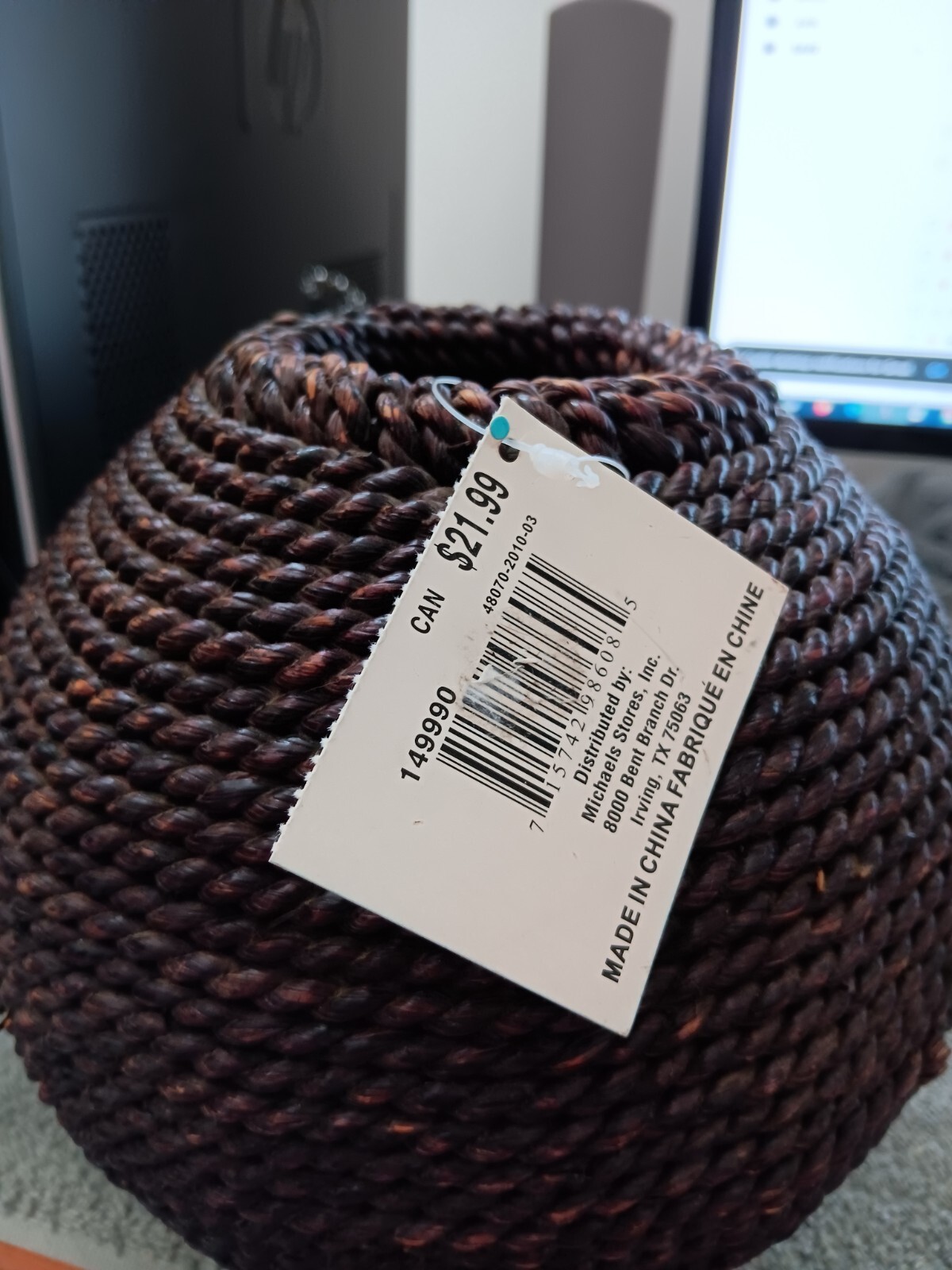 Dark Tan Sperical Wicker Basket-7.5" Tall-Unusual Handmade Wood Base-New w/Tag!