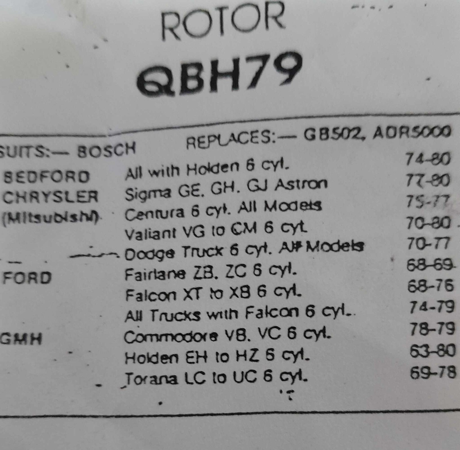 Bosch GB502 BH79- Chrysler- Mits- Holden Red Motor EH-HZ & VB - Torana - Ford