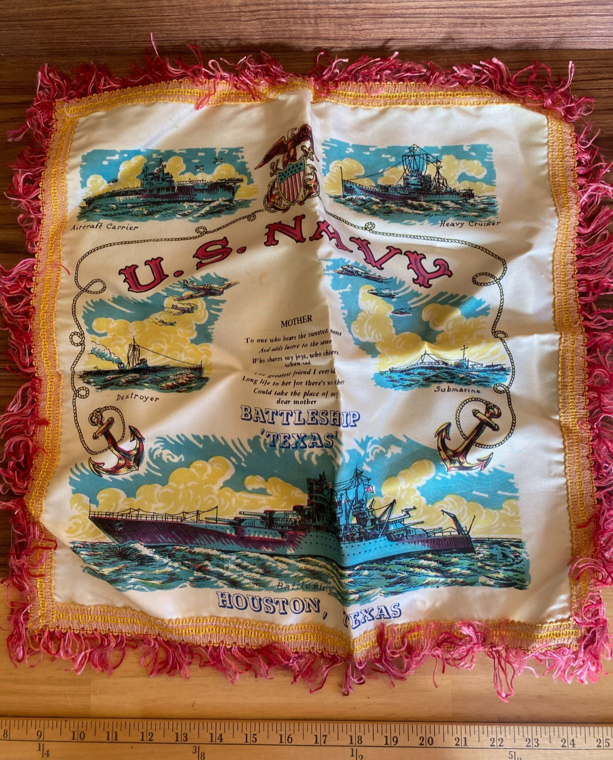 US NAVY ARTIFACT WWII WW2 BATTLESHIP USS TEXAS Mothers Prayer Pillow Cover Rare