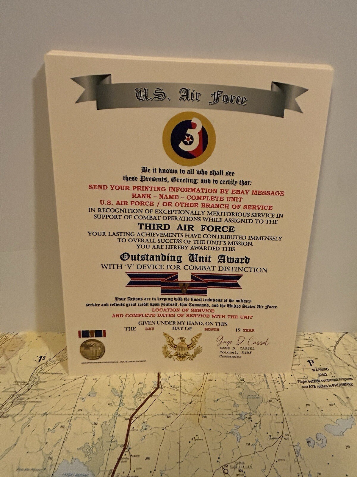 U.S. AIR FORCE / 3RD AIR FORCE - OUTSTANDING UNIT AWARD W/V DEVICE CERTIFICATE