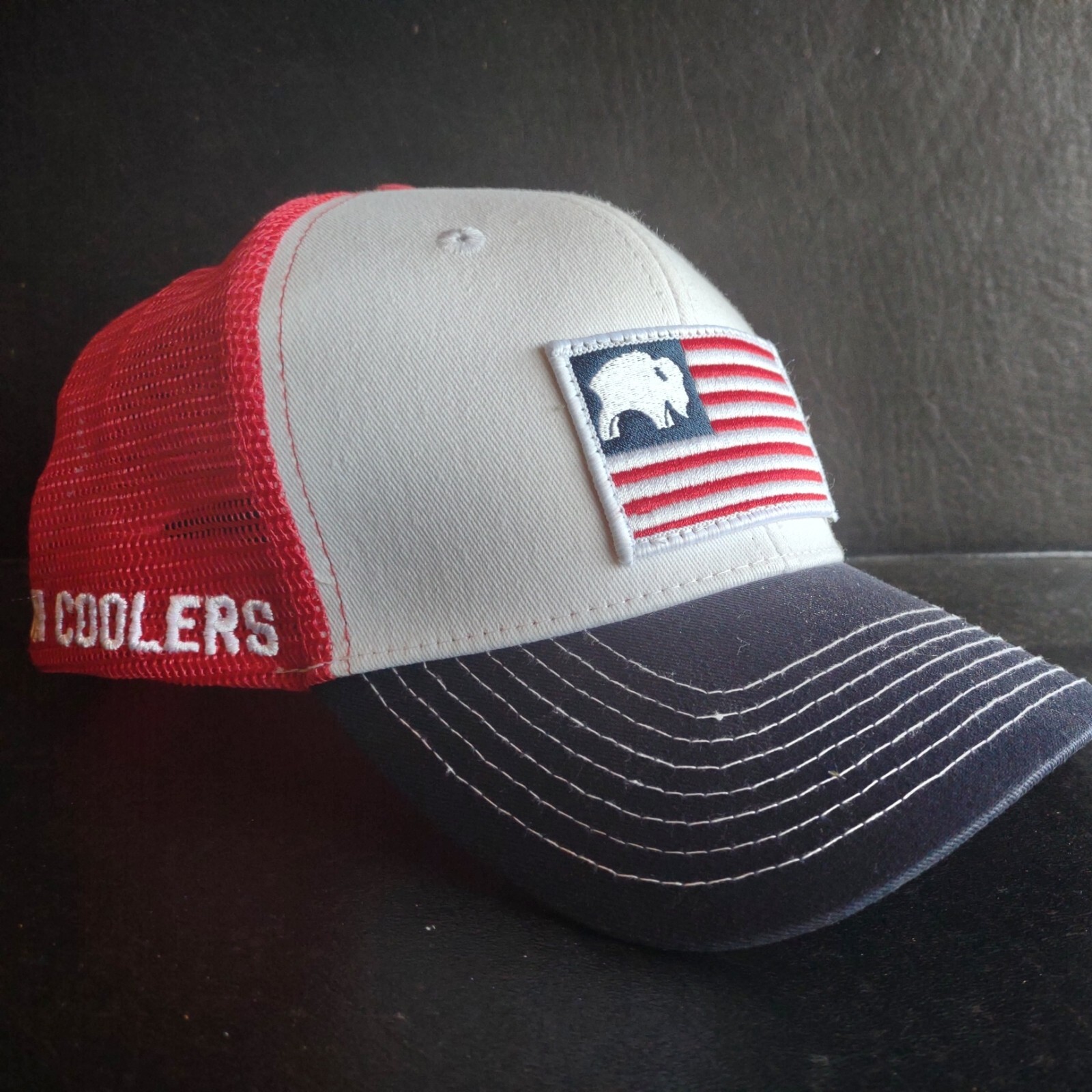 Men's BISON COOLERS Red White & Blue USA Flag Logo Hat adjustable 🦬🇺🇲
