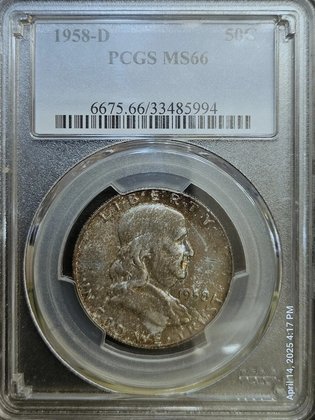 1958 D Franklin Half PCGS MS66 Toned Original Skin! Lots of Color! Nice Appeal!