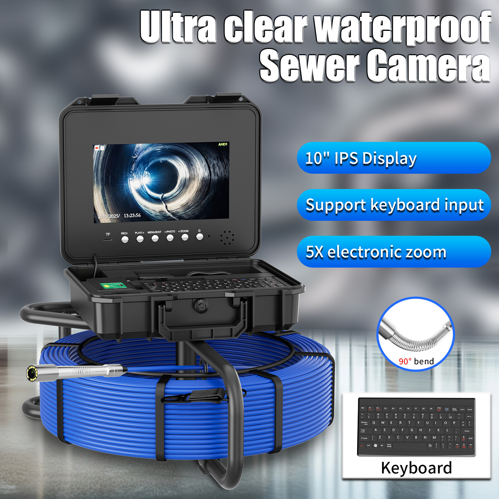 100m Pipe Inspection Camera Meter Counter Keyboard Sewer Camera Self Level 512hz