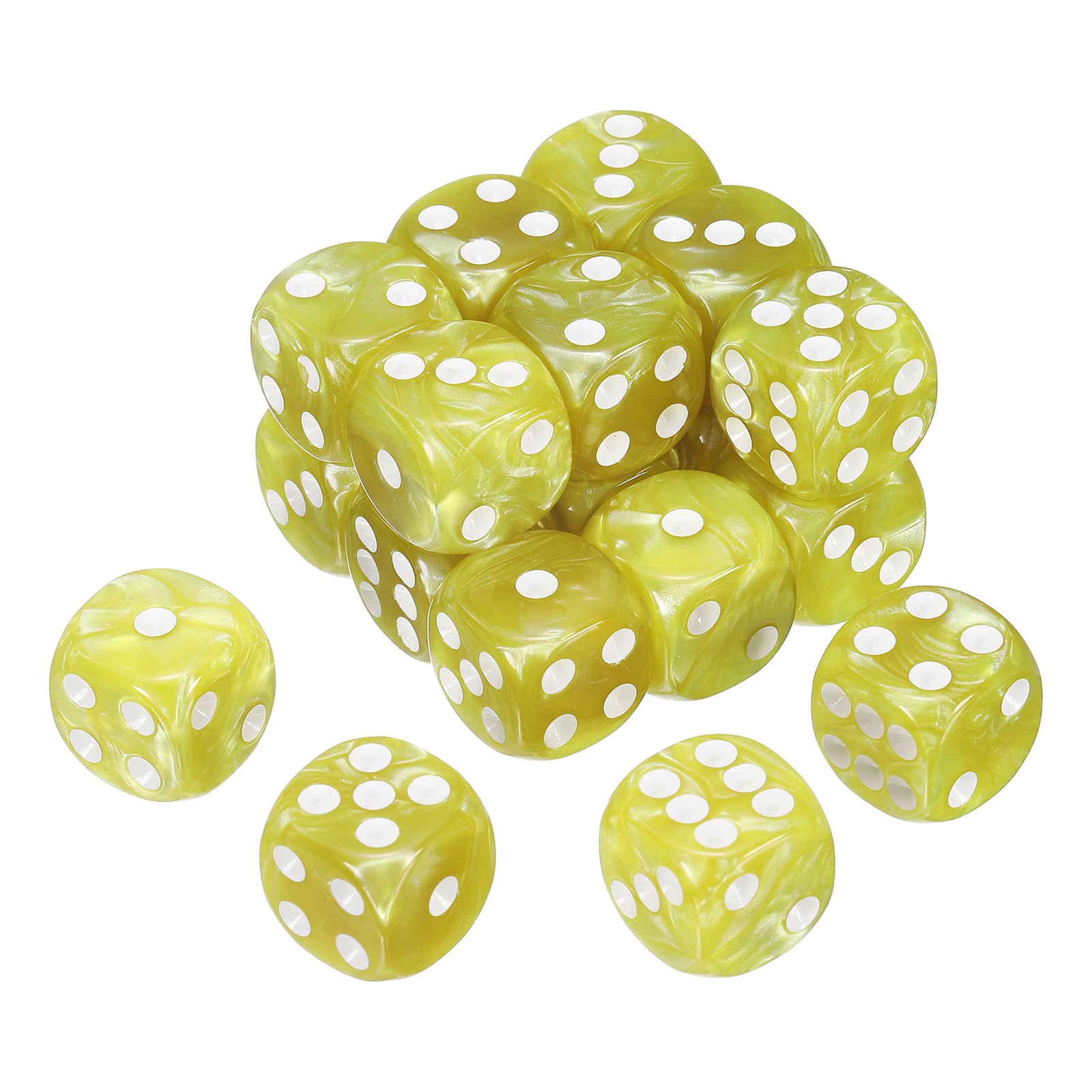 20Pcs 6 Sided Colored Standard Dice, Acrylic D6 Pearl Pattern Dice, Yellow