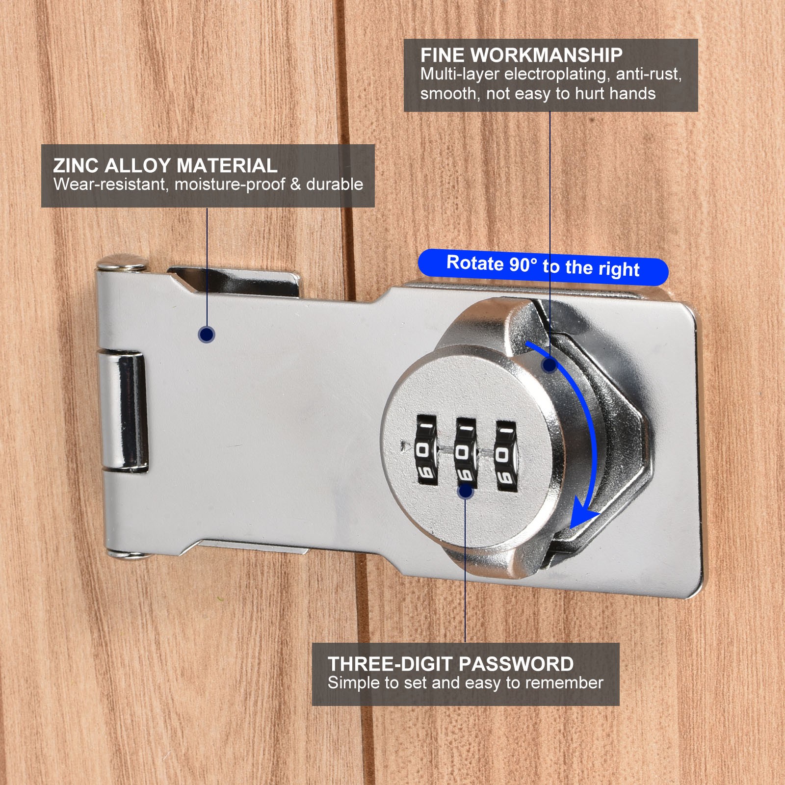 Cabinet Password Rotary Hasp Locks Door Security Combination Latch Lock Silver