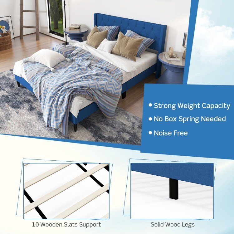 Queen Size Platform Bed Frame Upholstered With Button Tufted Wingback Headboard
