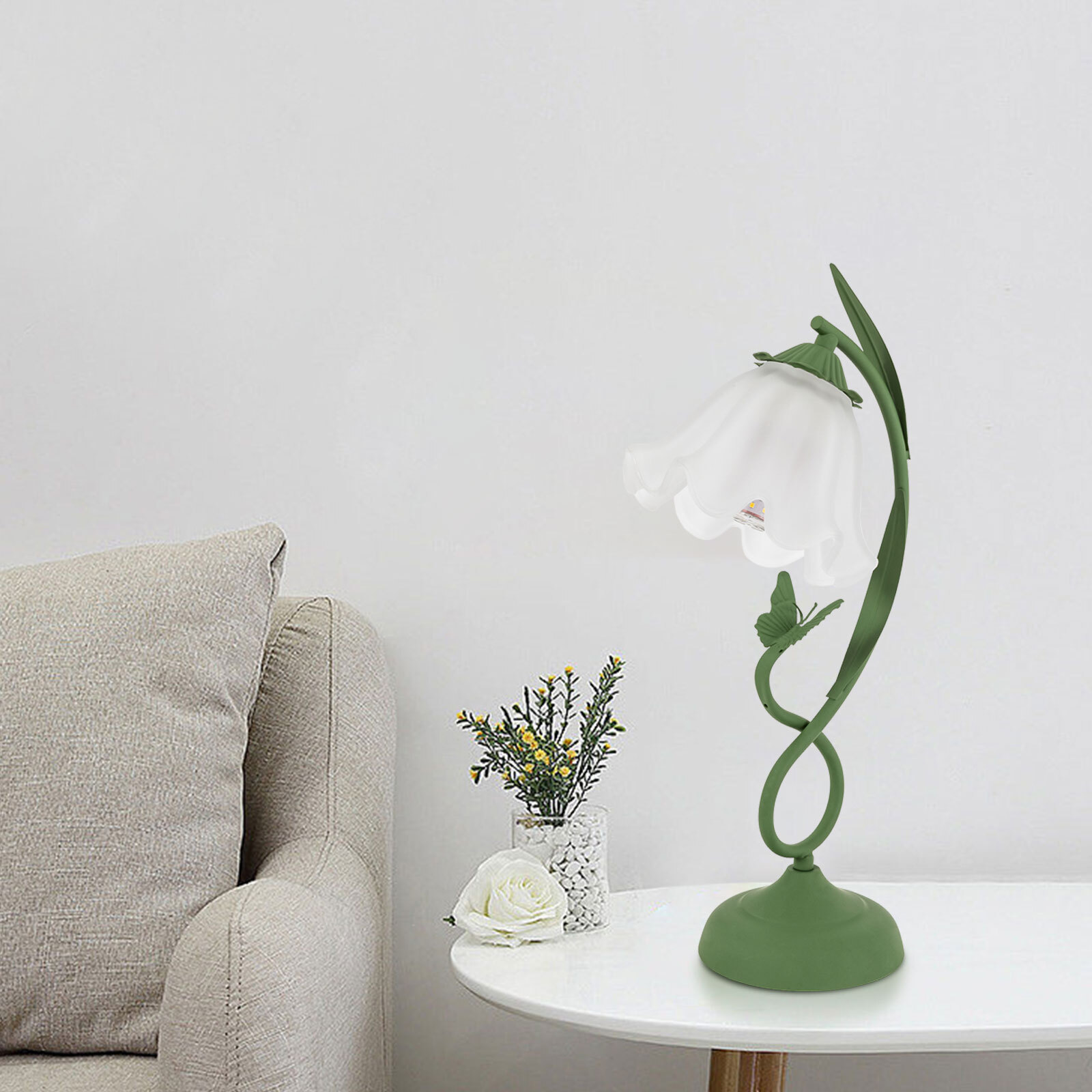 Flower Shape Glass Table Lamp Bedside Desk Light Fixture Green Reading Lamp...