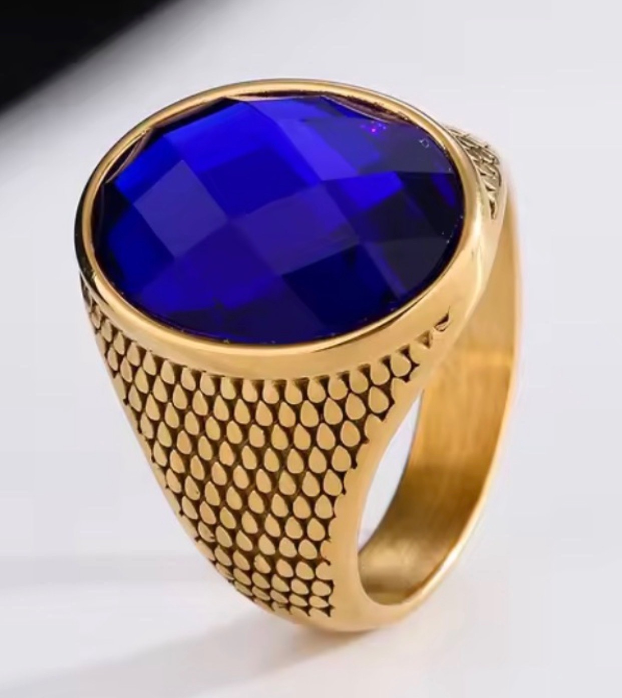 Men’s Ring Stainless Steel Gold Color Blue Onyx Oval Shape Fashion Style