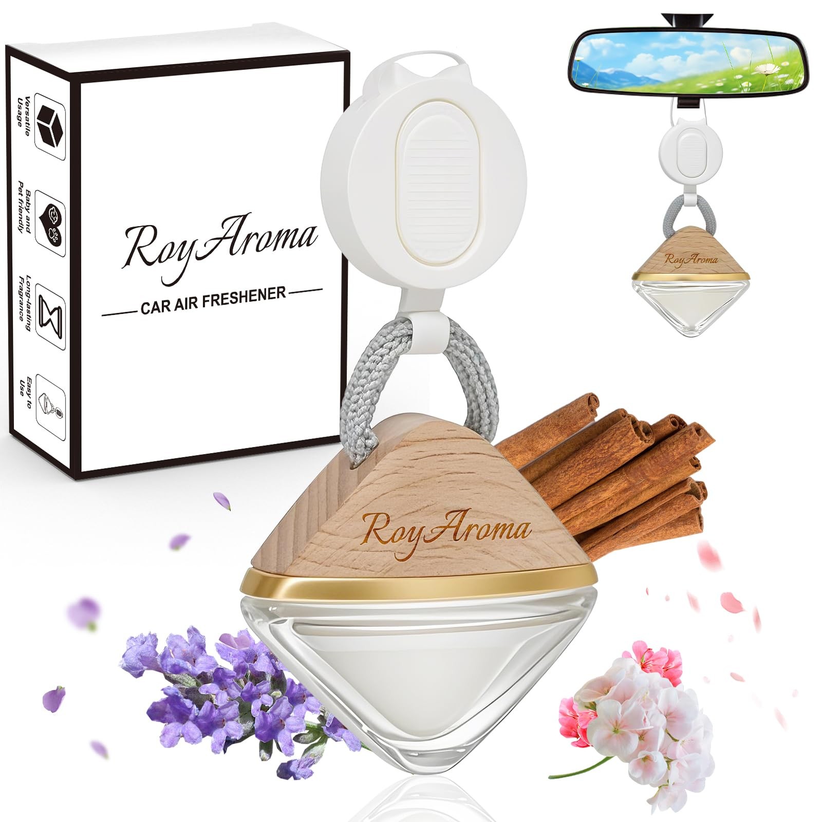 RoyAroma Premium Hanging Car Air 0.24 Fl Oz (Pack of 1), White, Gold