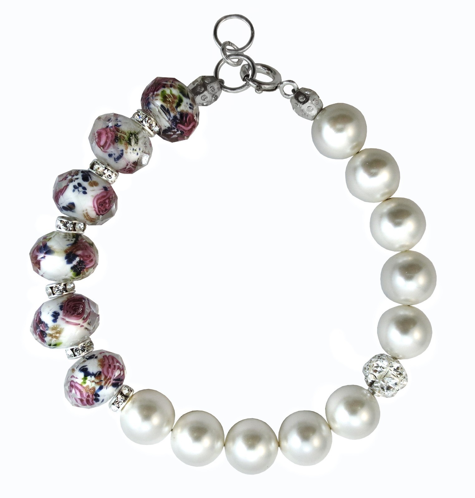 7, 8 inch. White Lampwork Glass + Pearl made with Crystal element Br