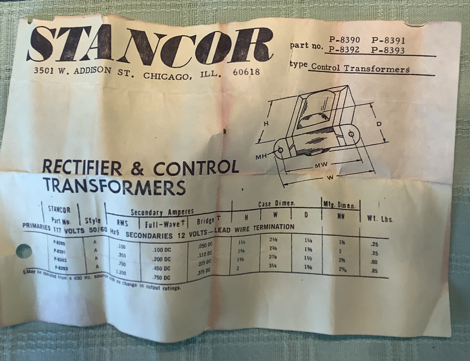 Stancor P-8390 NOS Mini Control Transf. 12v 150ma Output 117v Input