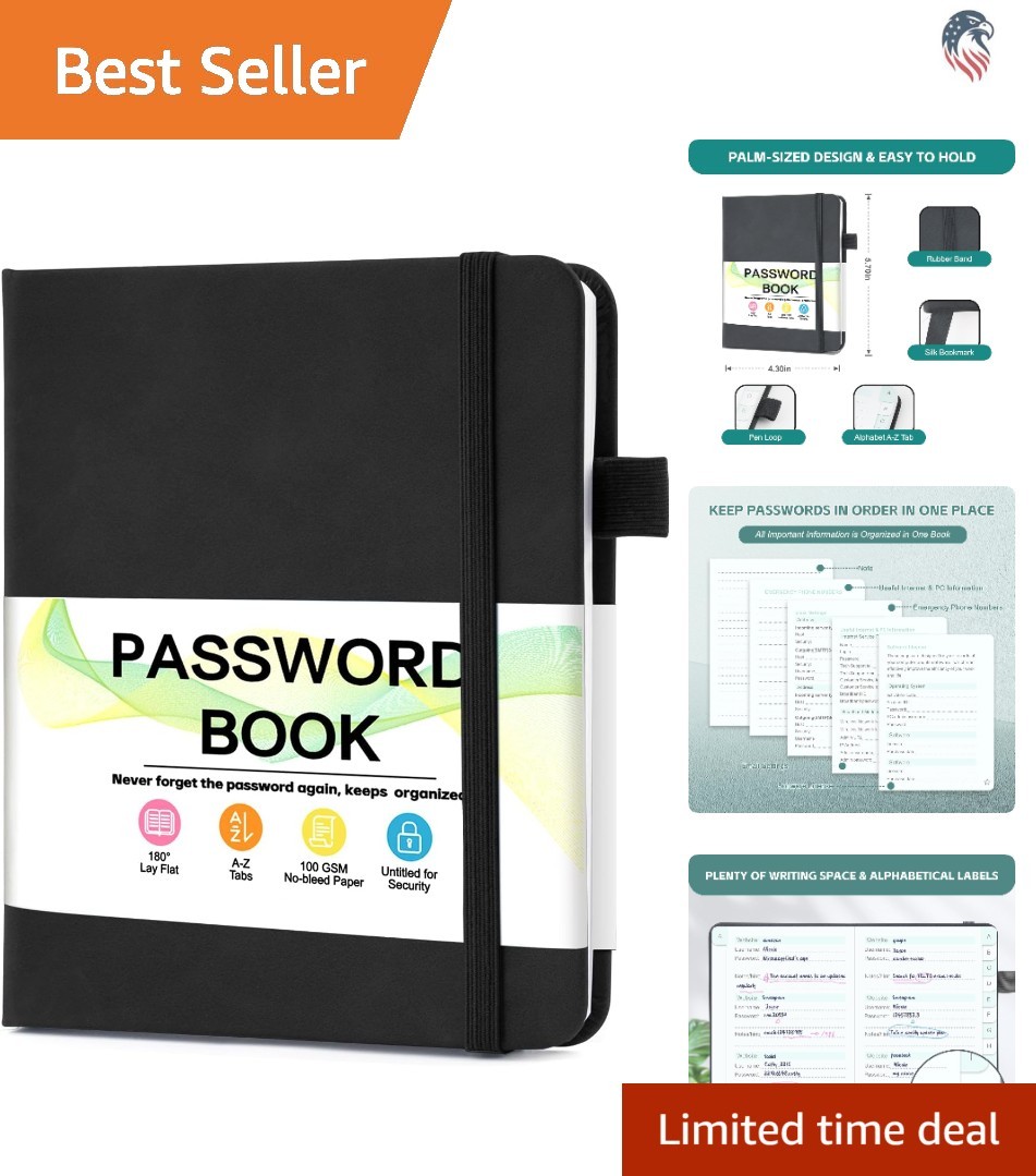 Password Keeper Book with Alphabetical Tabs Compact Password Notebook Black