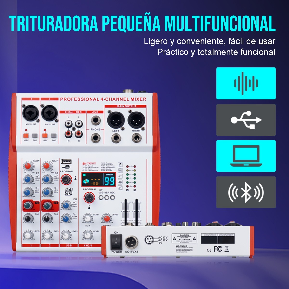 YAMNWEO Professional 4-Channel USB Audio Mixer 99DSP,48V Phantom Power, StereoEQ