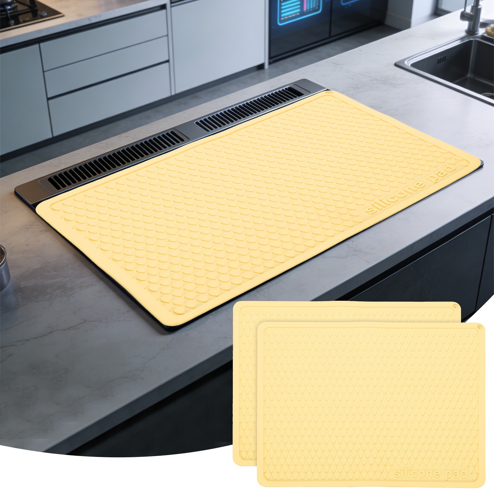 2 Pcs Dish Drying Mat, 16 x 12 Inch Silicone Heat Drying Pad, Pale Yellow