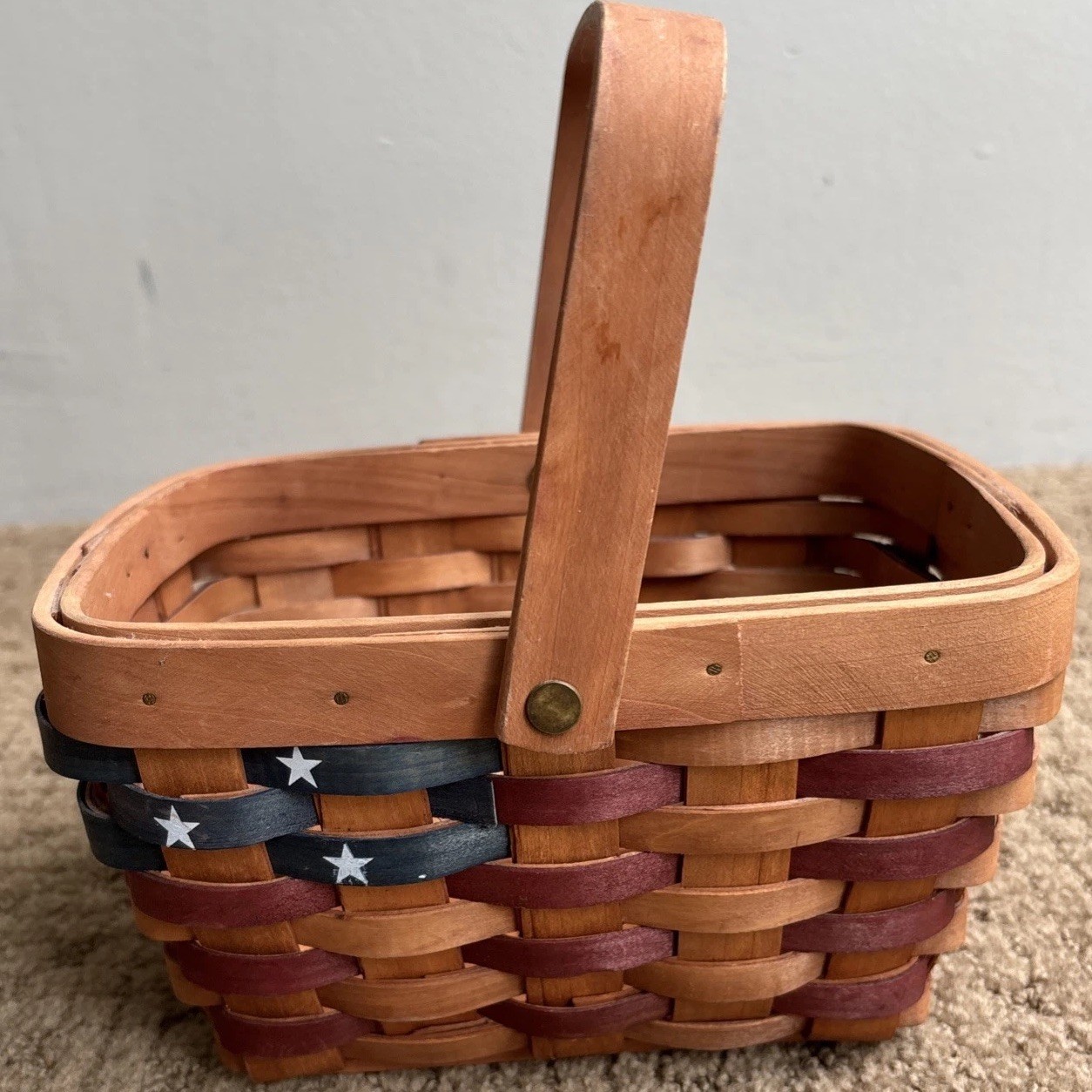 Storage basket woven wooden country 8” Decor rectangle USA American flag Handled