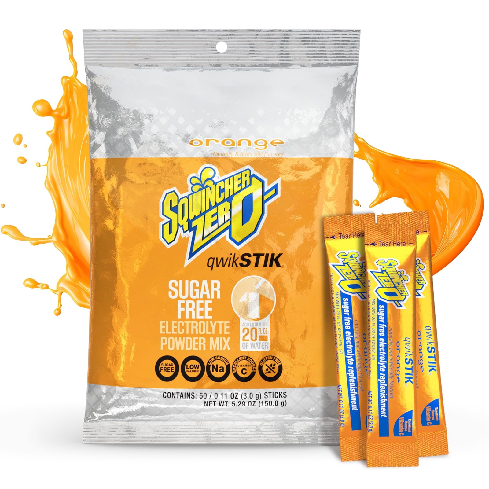 Sqwincher Zero Qwik Stik, Orange, Sugar Free, Low 0.11 Ounce (Pack of 50)