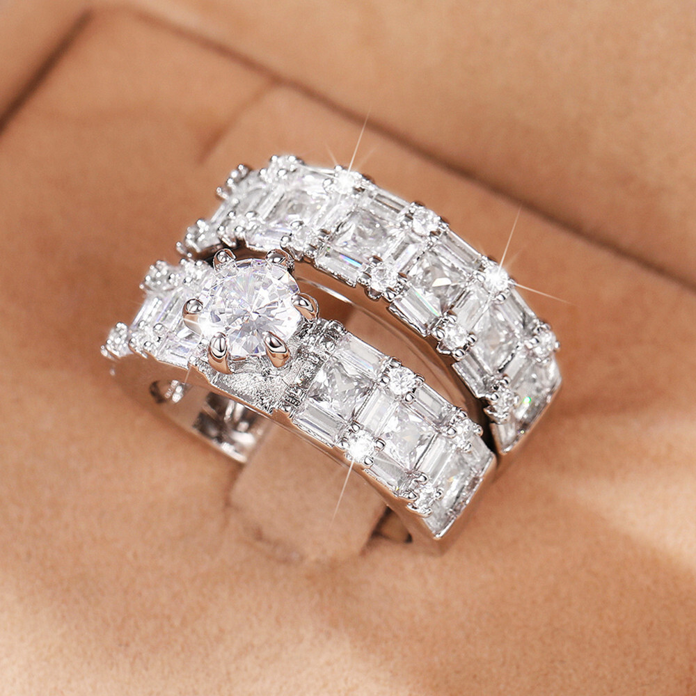Luxury 2pcs/set 925 Silver Rings Women Cubic Zirconia Jewelry Size 6-10