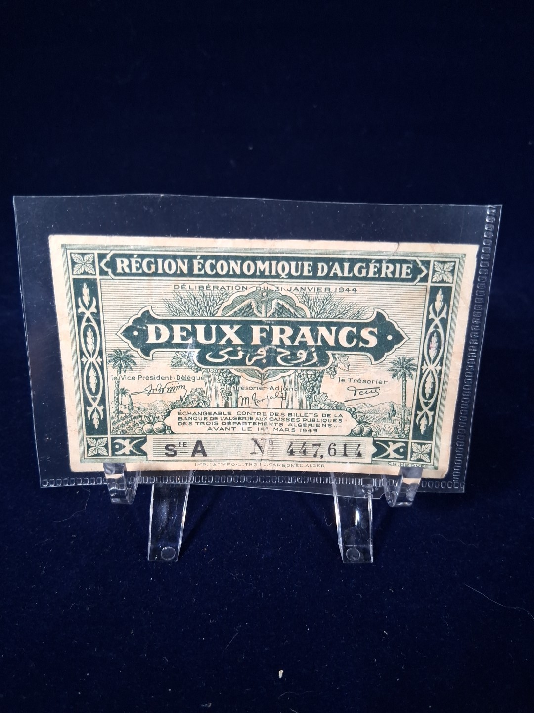 1944 ALGERIA 2 FRANCS BANKNOTE V.F
