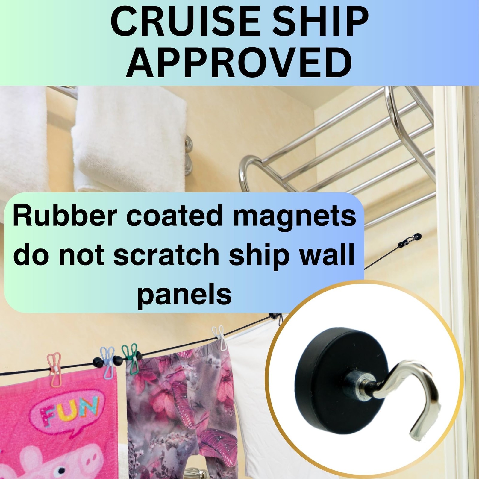 Magnetic Clothesline for Cruise Ship Cabin Approved Strong Rubber Coated Non...