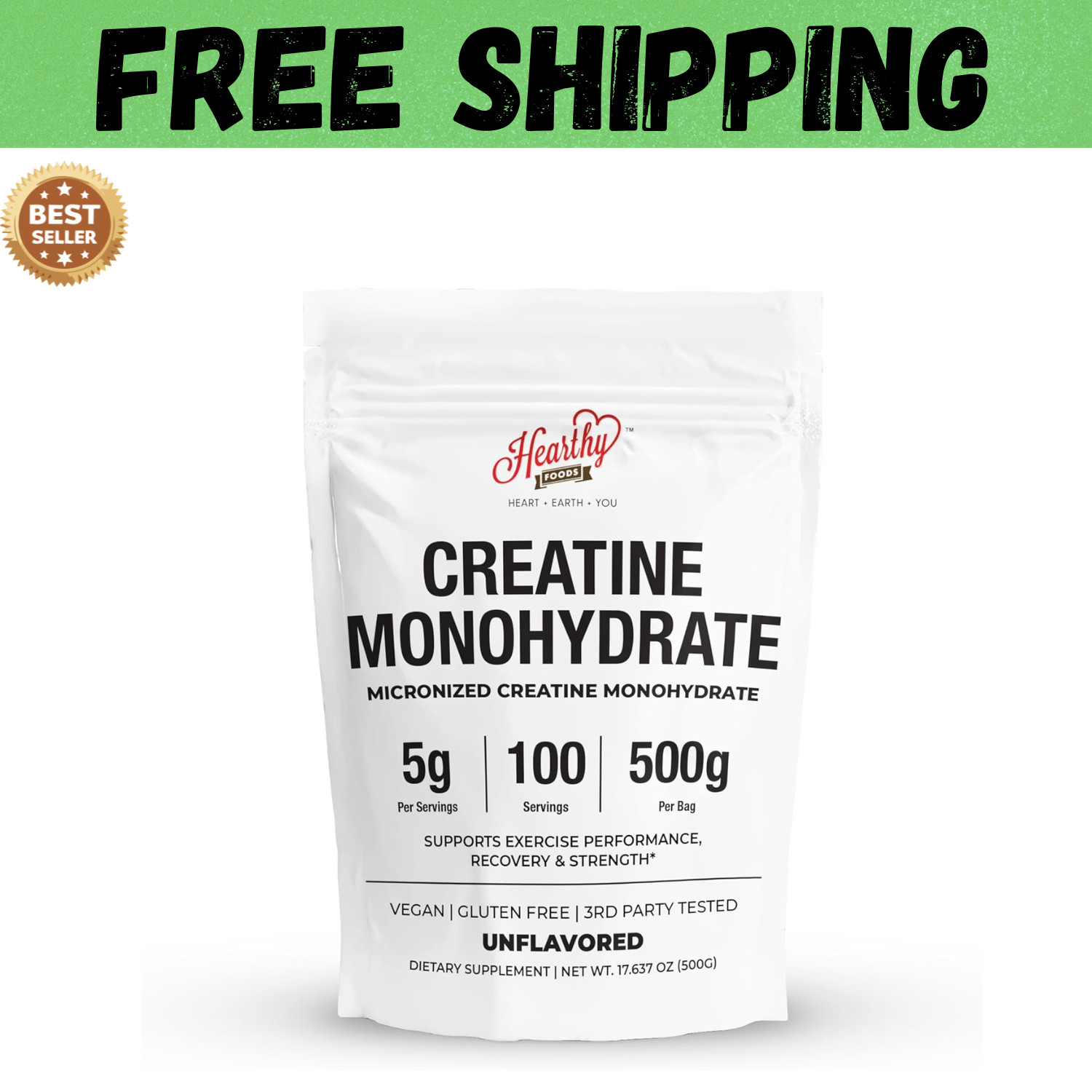 HEARTHY FOODS Creatine Monohydrate Micronized Powder 500G - 100 Servings, 5000mg