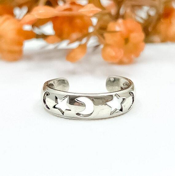 Moon Toe Ring 925 Sterling Silver Star and Moon Ring Adjustable Size