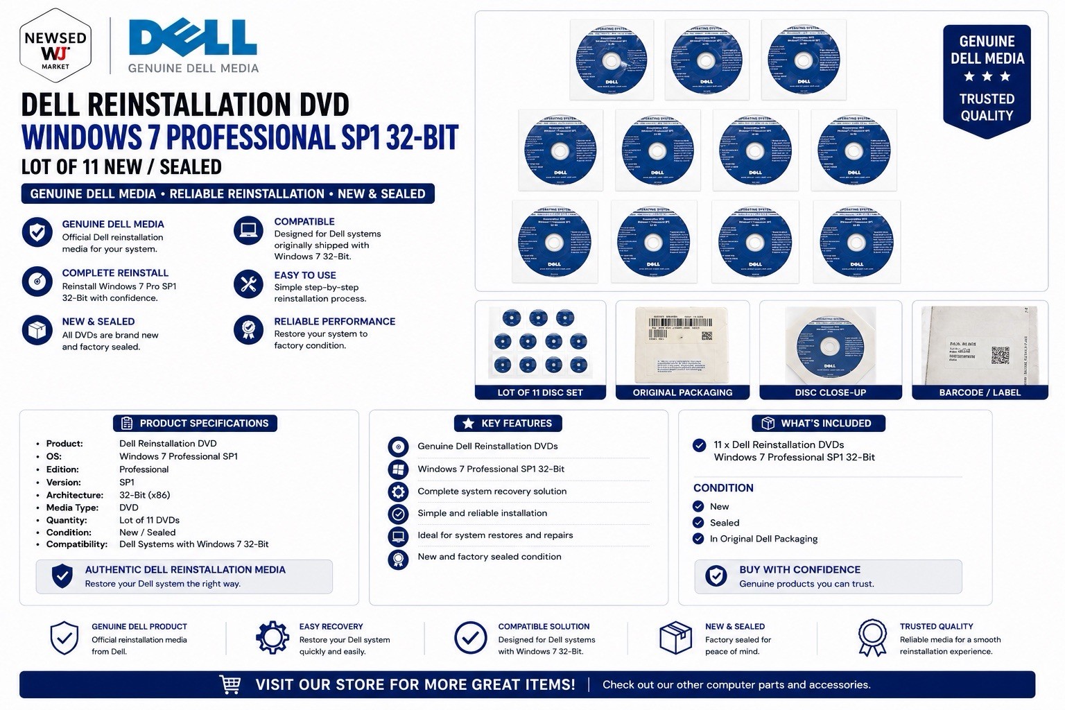 Dell Reinstallation DVD Windows 7 Professional SP1 32-Bit - Lt of 11 New/Sealed