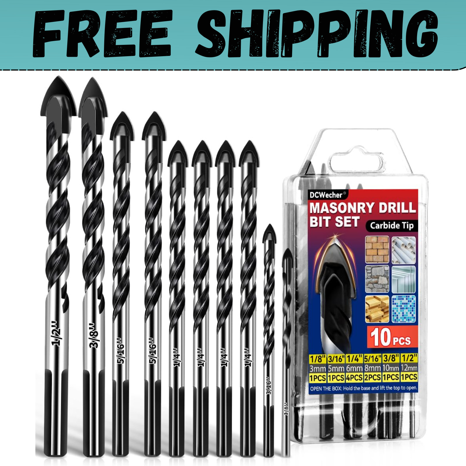 10-PCS Masonry Concrete Drill Bit Set, Heavy-Duty Masonry Drill Bits for Concret