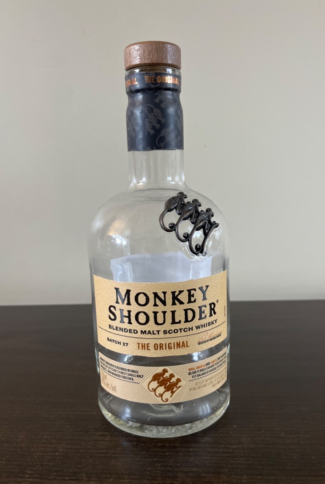 Monkey Shoulder Blended Malt Scotch Whiskey Empty Glass Bottle 750 ML