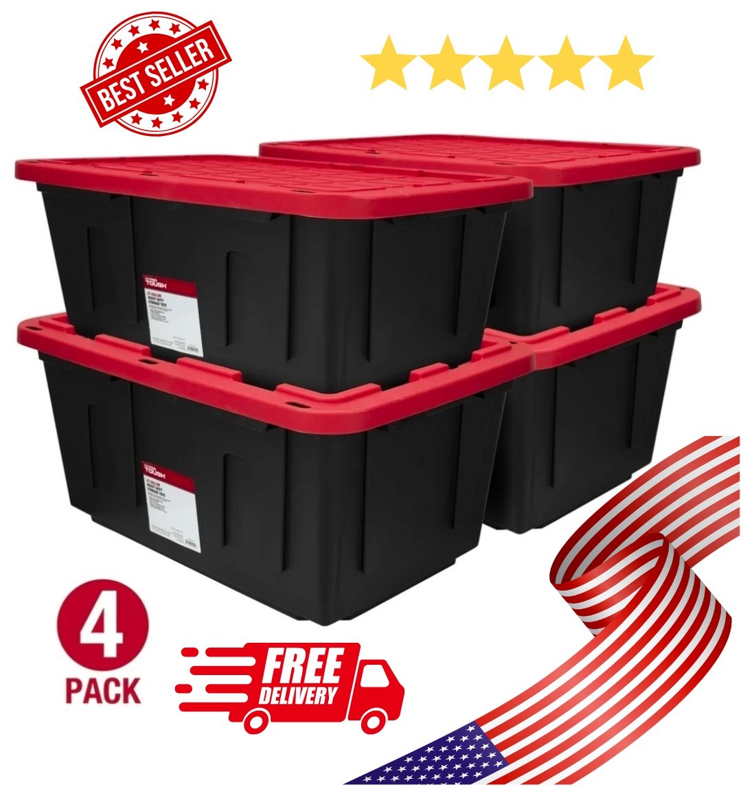 Hyper Tough Large Storage Bin 27 Gallon Plastic Containers 4 Pack Heavy Duty