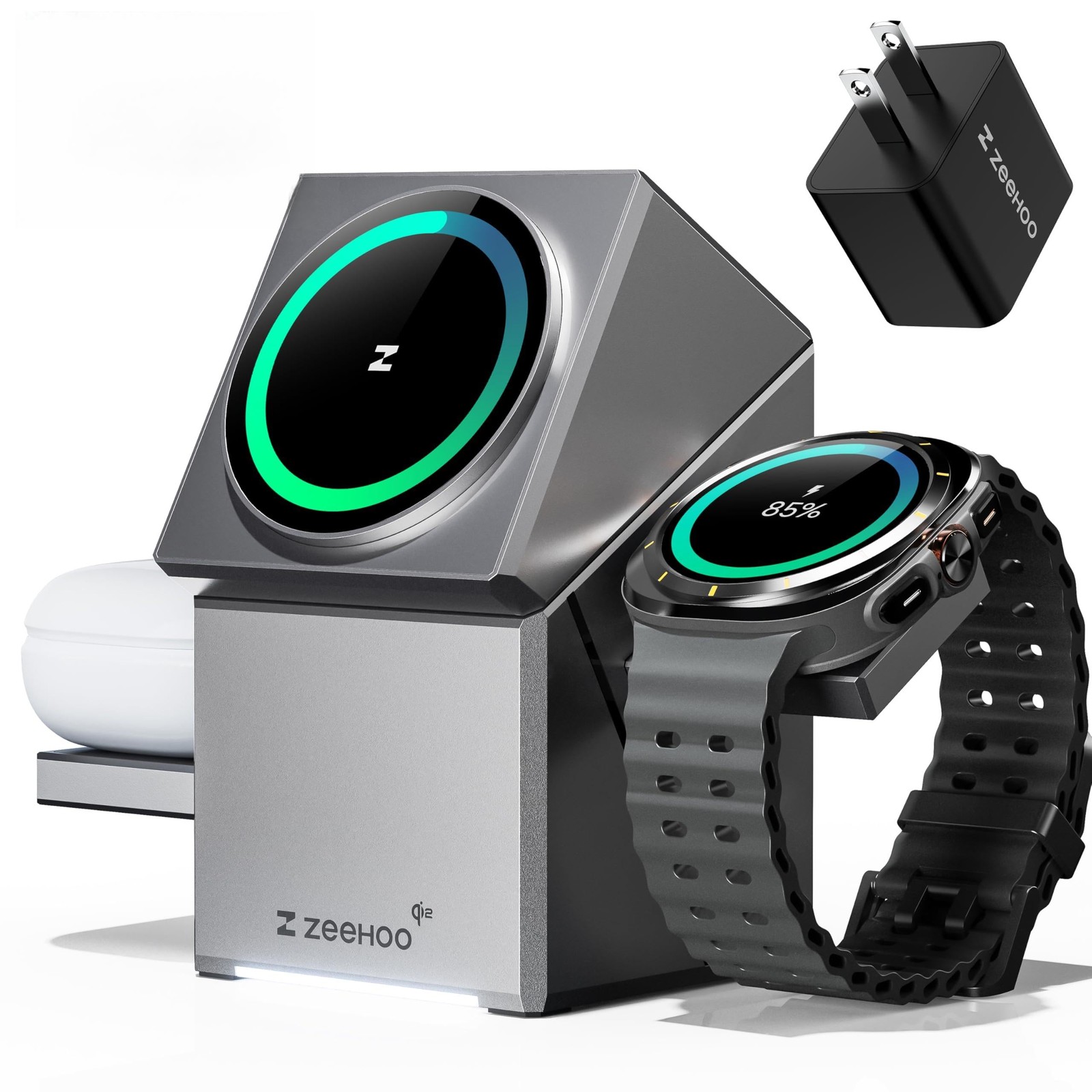 ZEEHOO 3 in 1 Charging Station for Samsung, Qi2 Certified,15W Fast Metal Gray