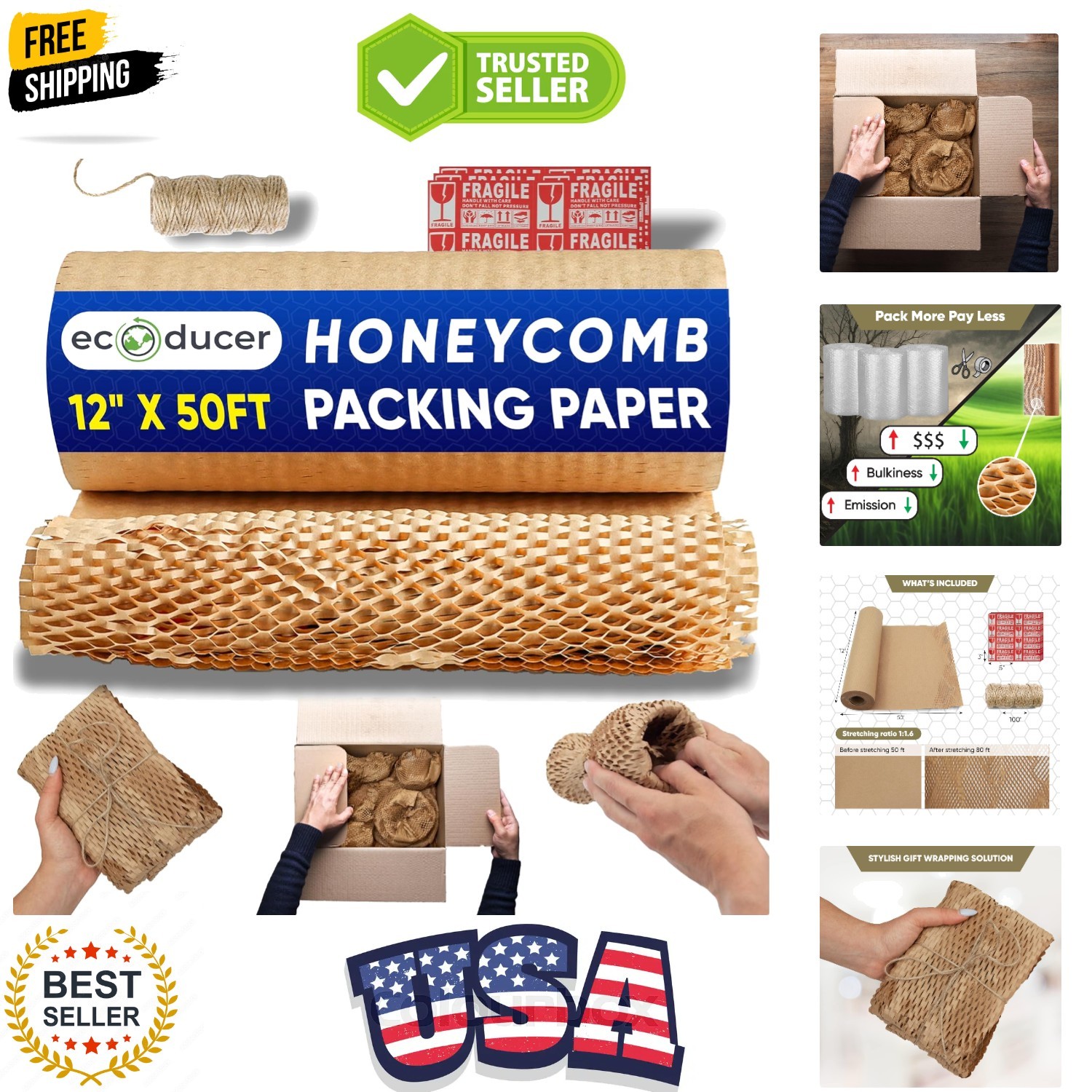 Honeycomb Packing Paper 12”x50’ Moving Supplies. Eco Friendly Bubble Paper Wr...