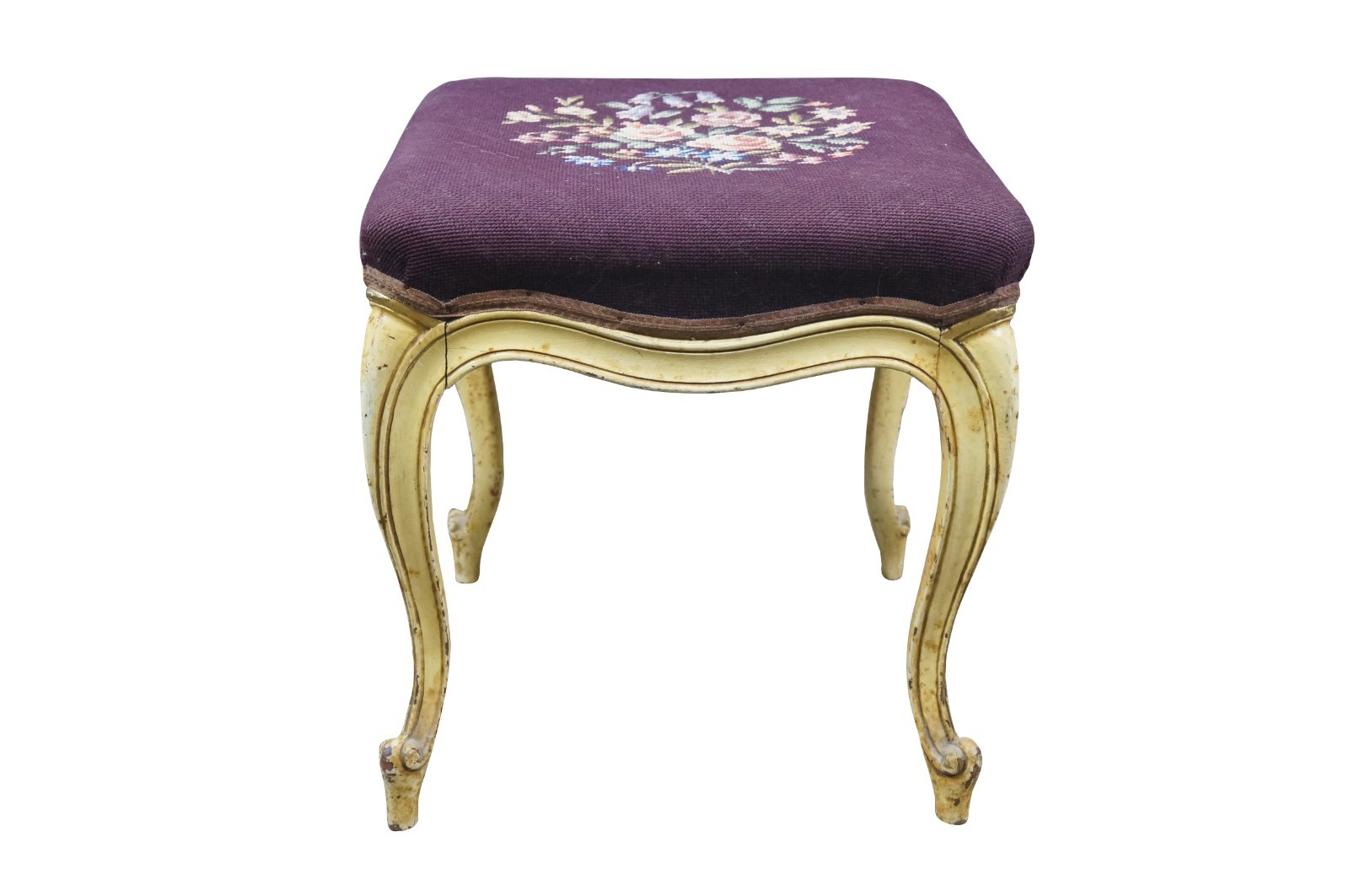 Antique French Provincial Embroidered Needlepoint Vanity Bench Foot Stool 18"