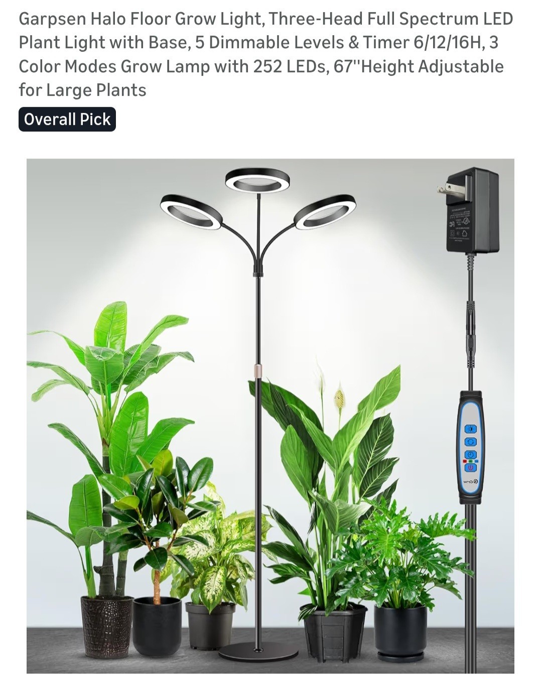 Halo Floor Grow Light, Three-Head Full Spectrum LED Plant Light with Base, 5 Dim