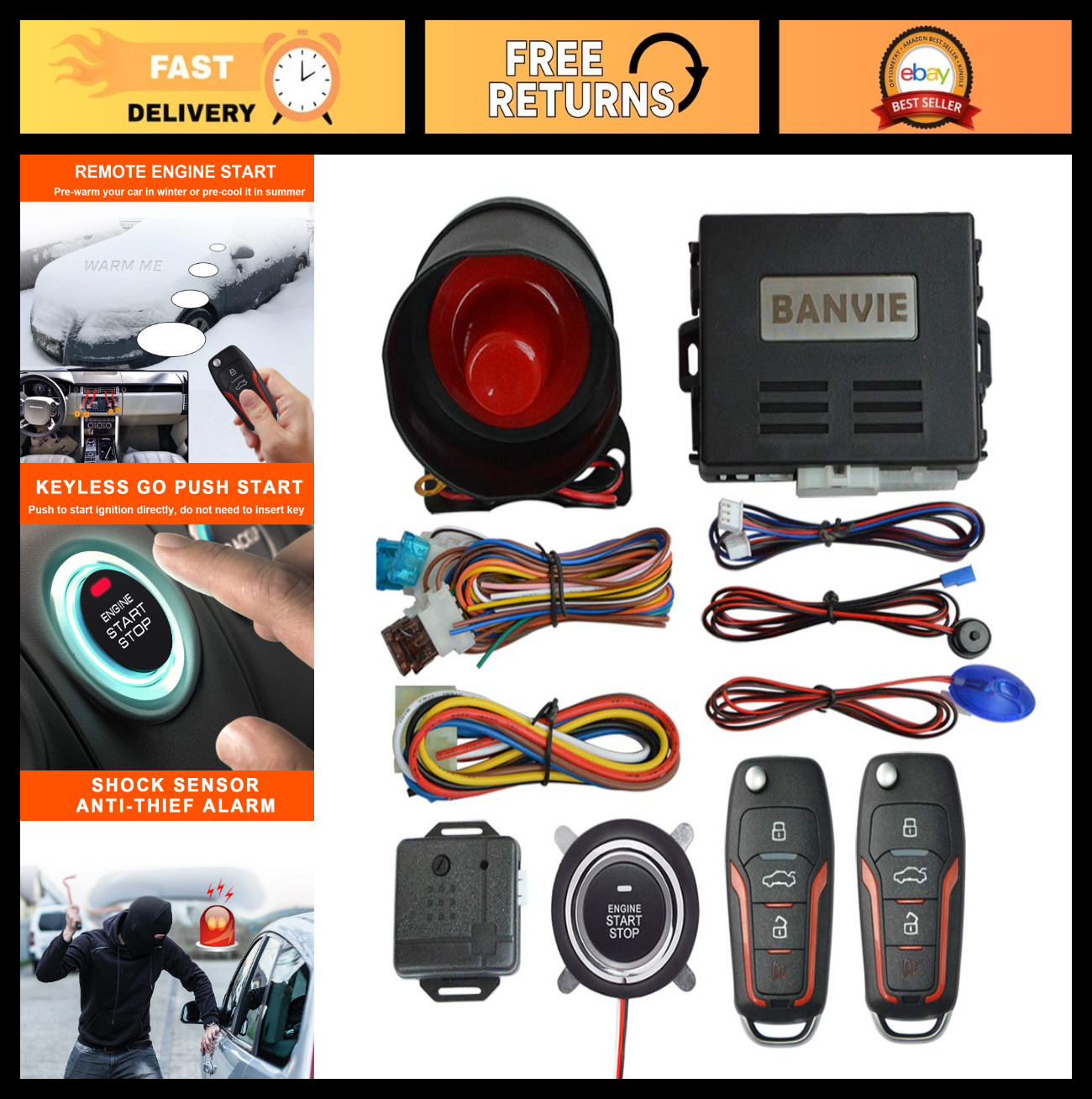 3-in-1 Car Alarm System with Remote Start, Keyless Entry & Push to Start Kit