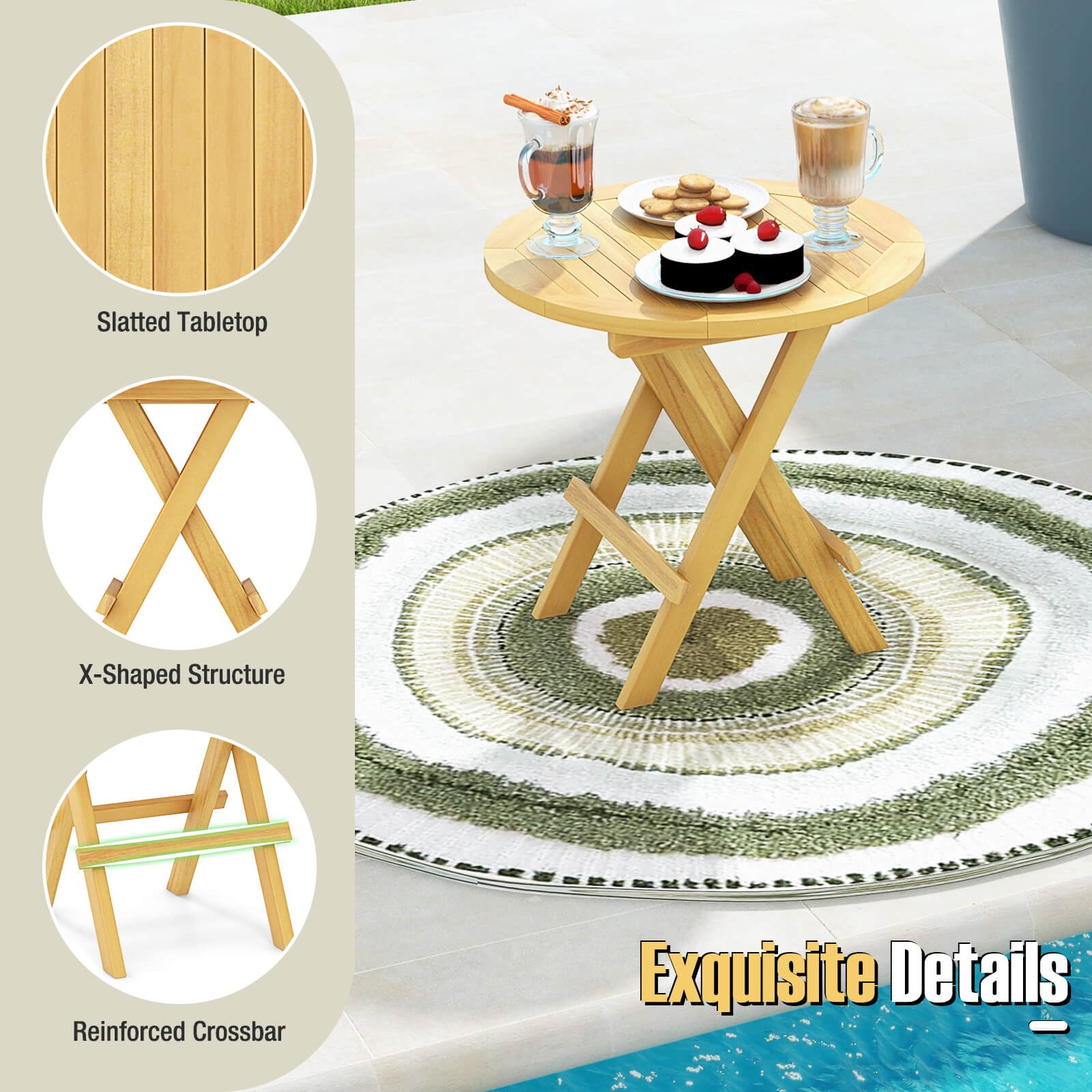 Patio Folding Side Table w/ X-shaped Legs & Slatted Tabletop for Backyard
